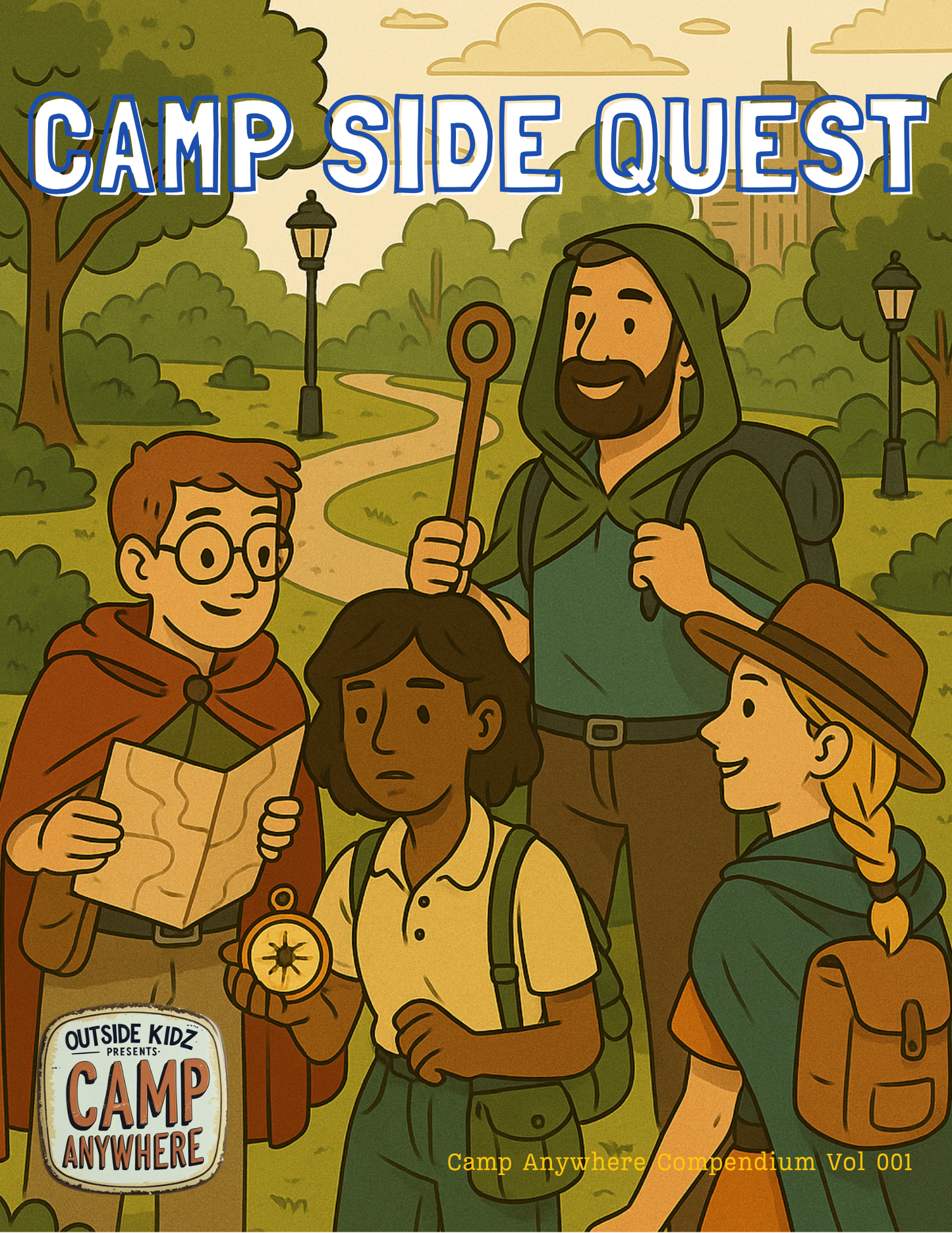 Illustration of a group of people on a camping adventure, set against a park background.