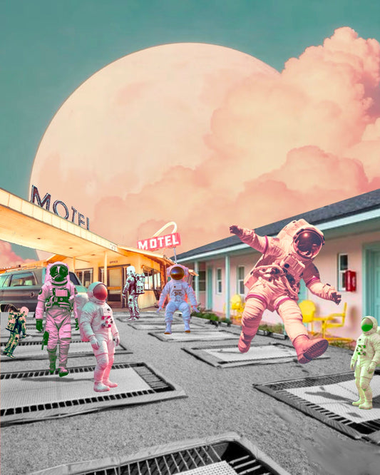 Collage image of astronauts jumping on trampolines copyright by Ash Bradley